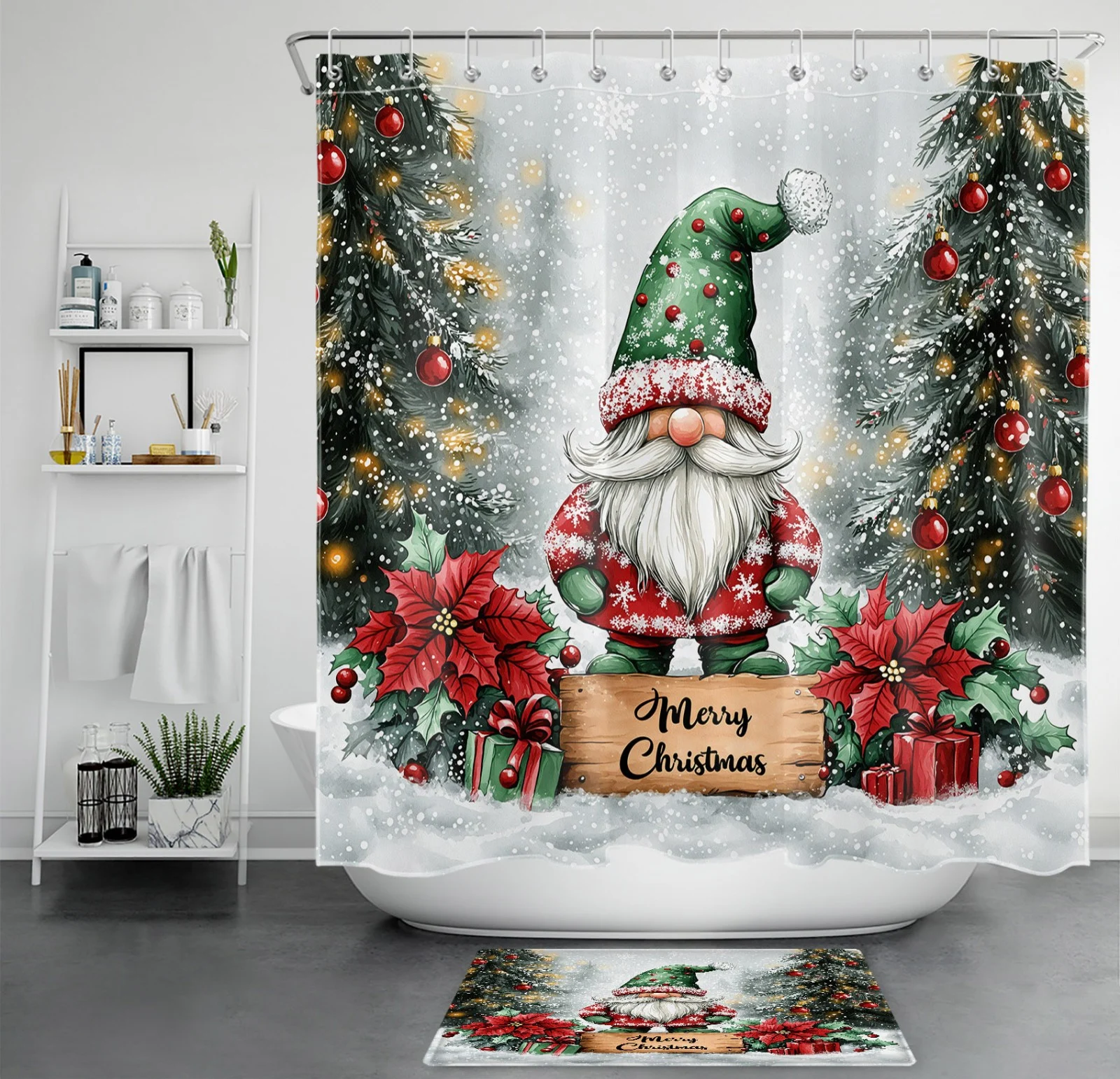 Xmas Red Poinsettia Green Christmas Gnome Shower Curtain Xmas Red Poinsettia Green Christmas Gnome Shower Curtain