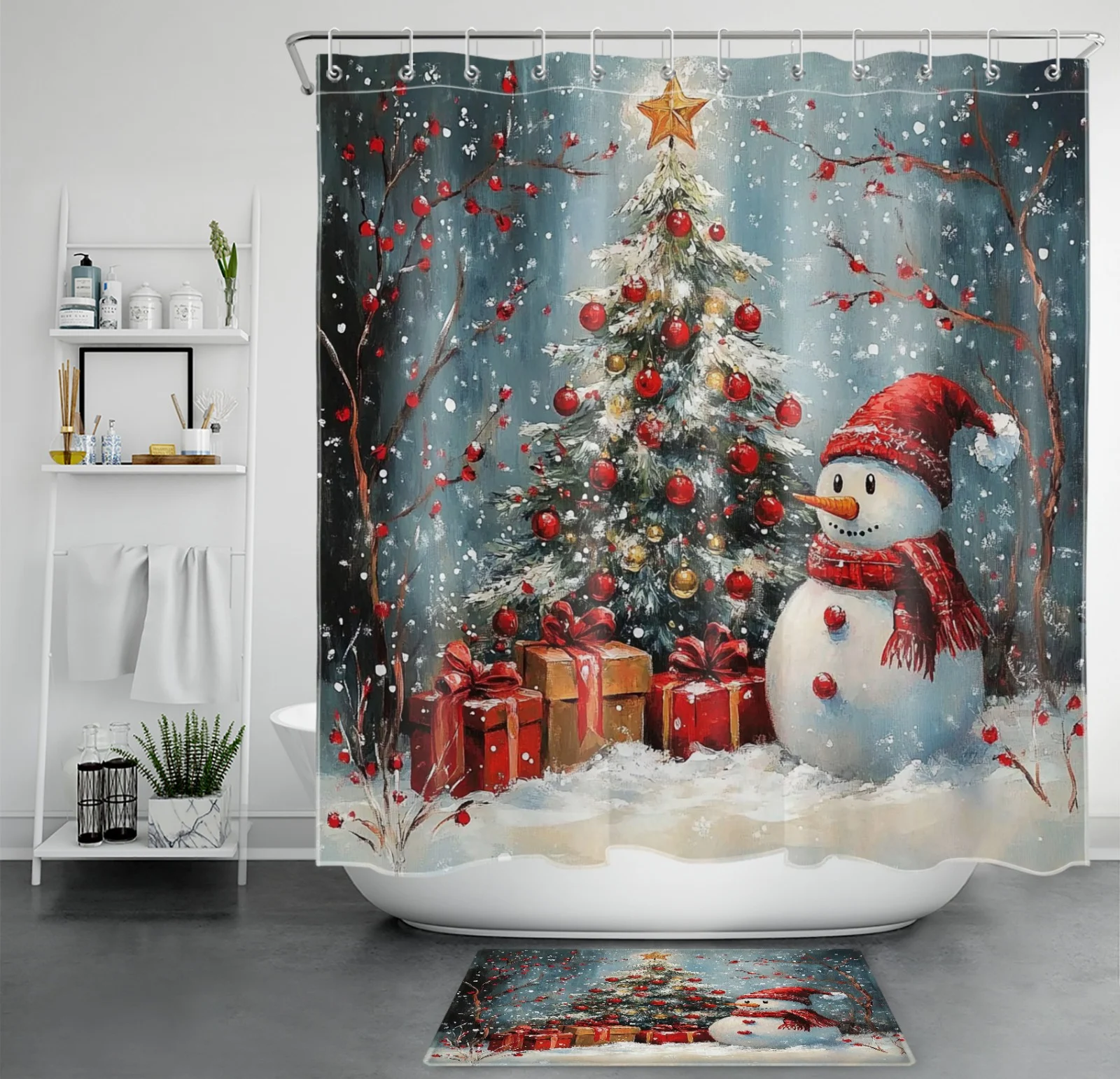 Winter Pine Tree Red Christmas Snowman Shower Curtain