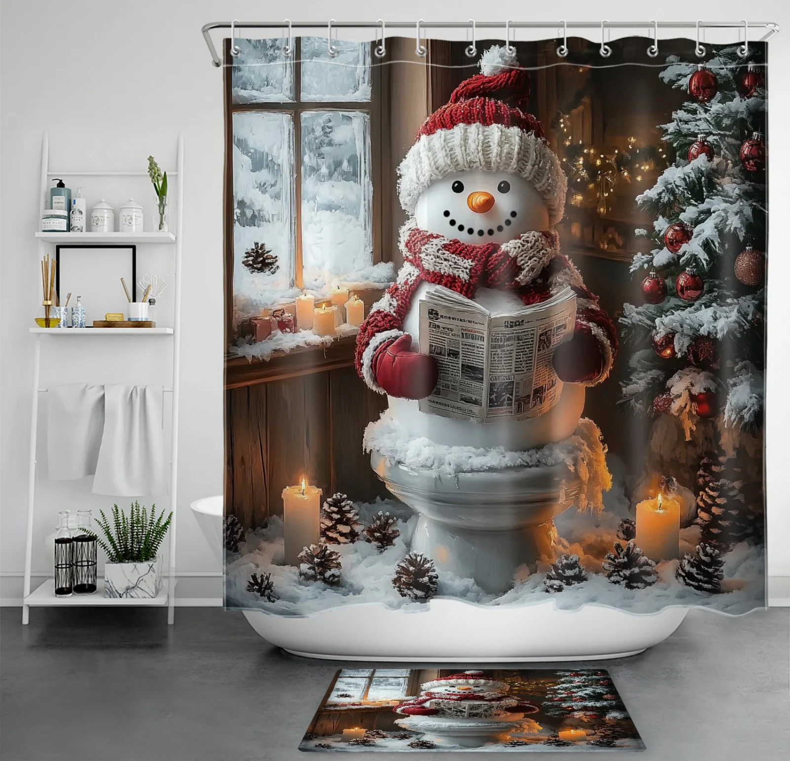 Winter Farmhouse Snowman Funny Christmas Shower Curtain