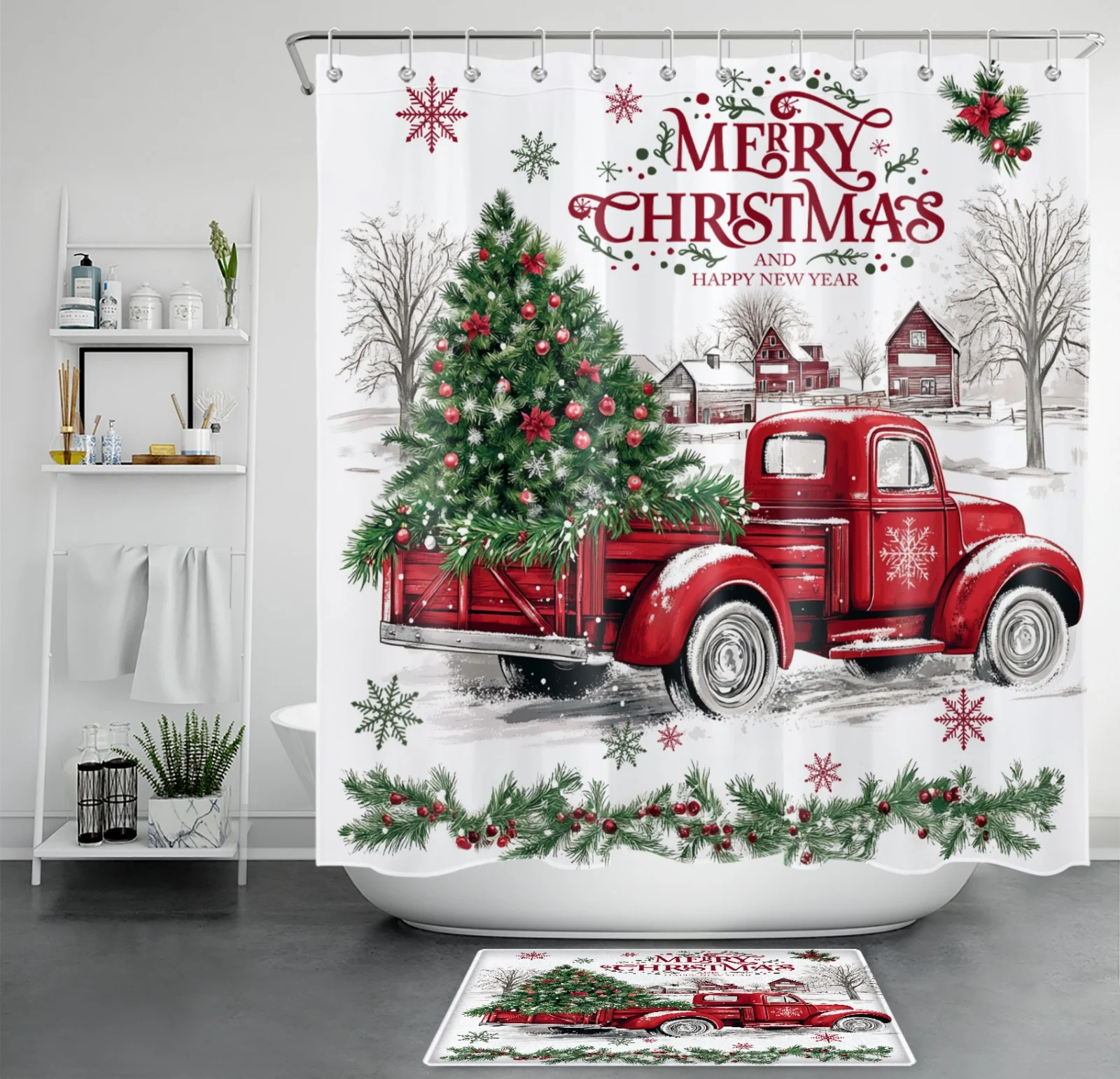 Vintage Rustic Barn Door Snowman Christmas Shower Curtain
