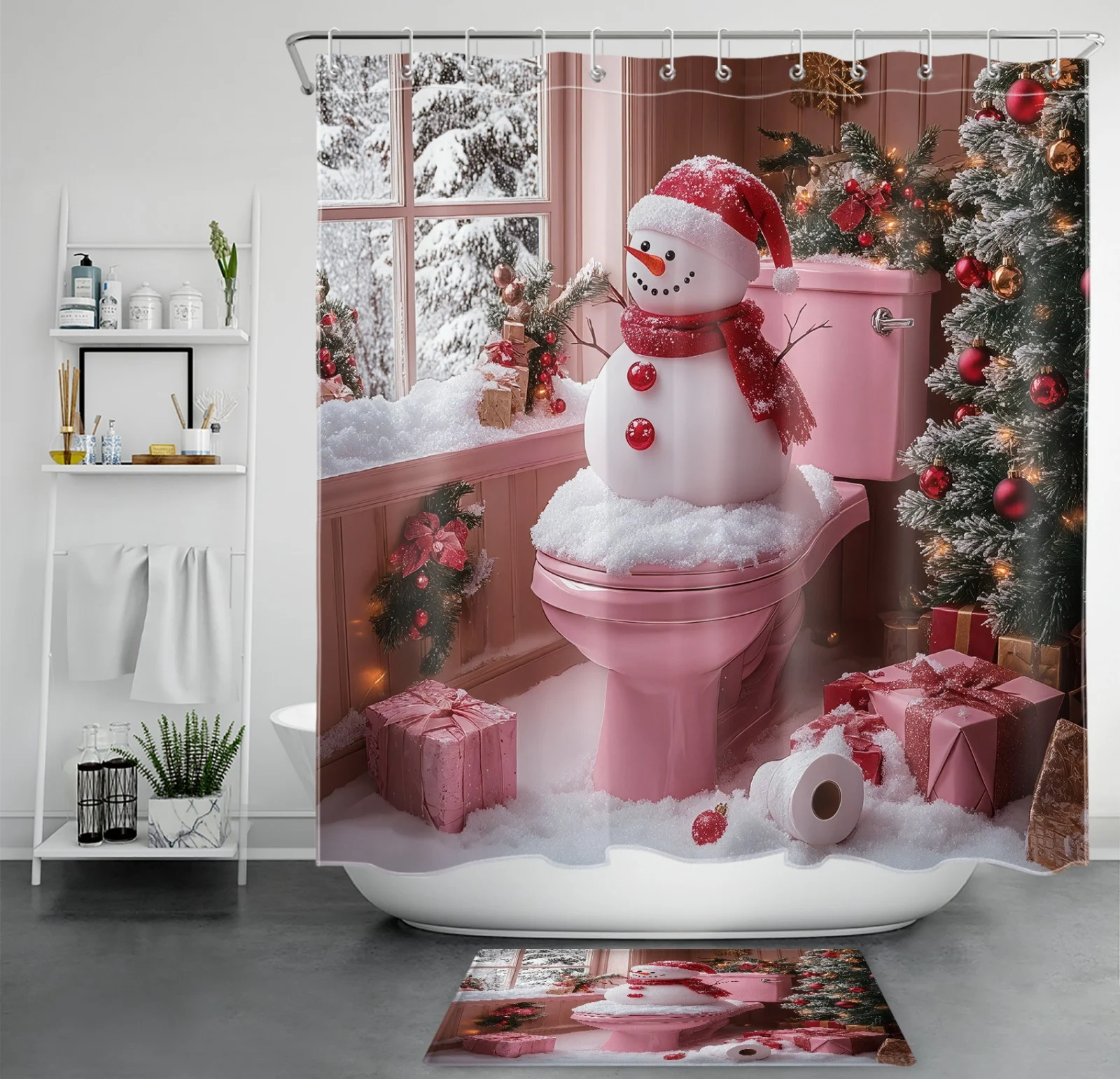 Pink Cute Funny Snowman Winter Christmas Shower Curtain
