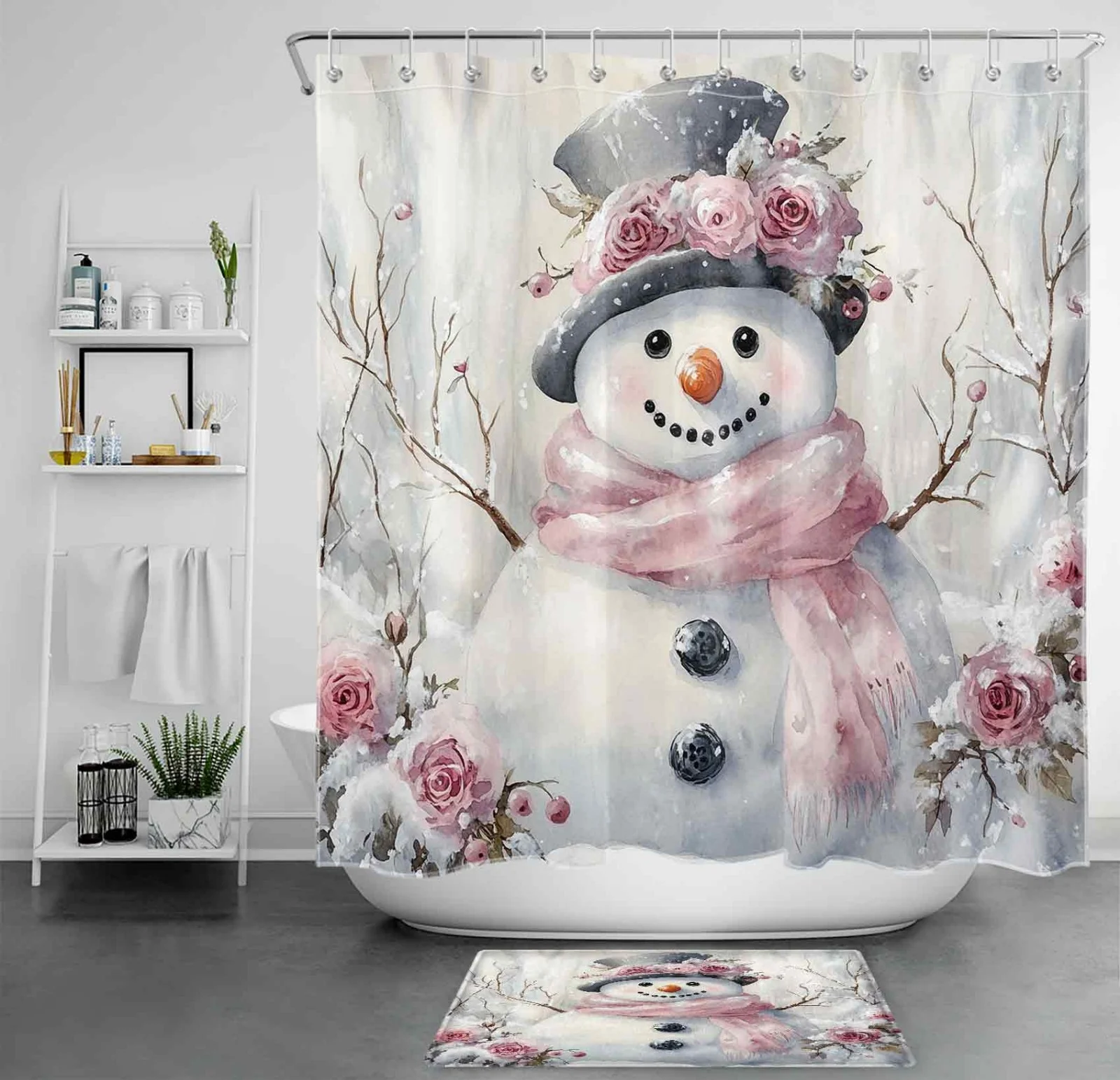Winter Rose Floral Pink Christmas Snowman Shower Curtain