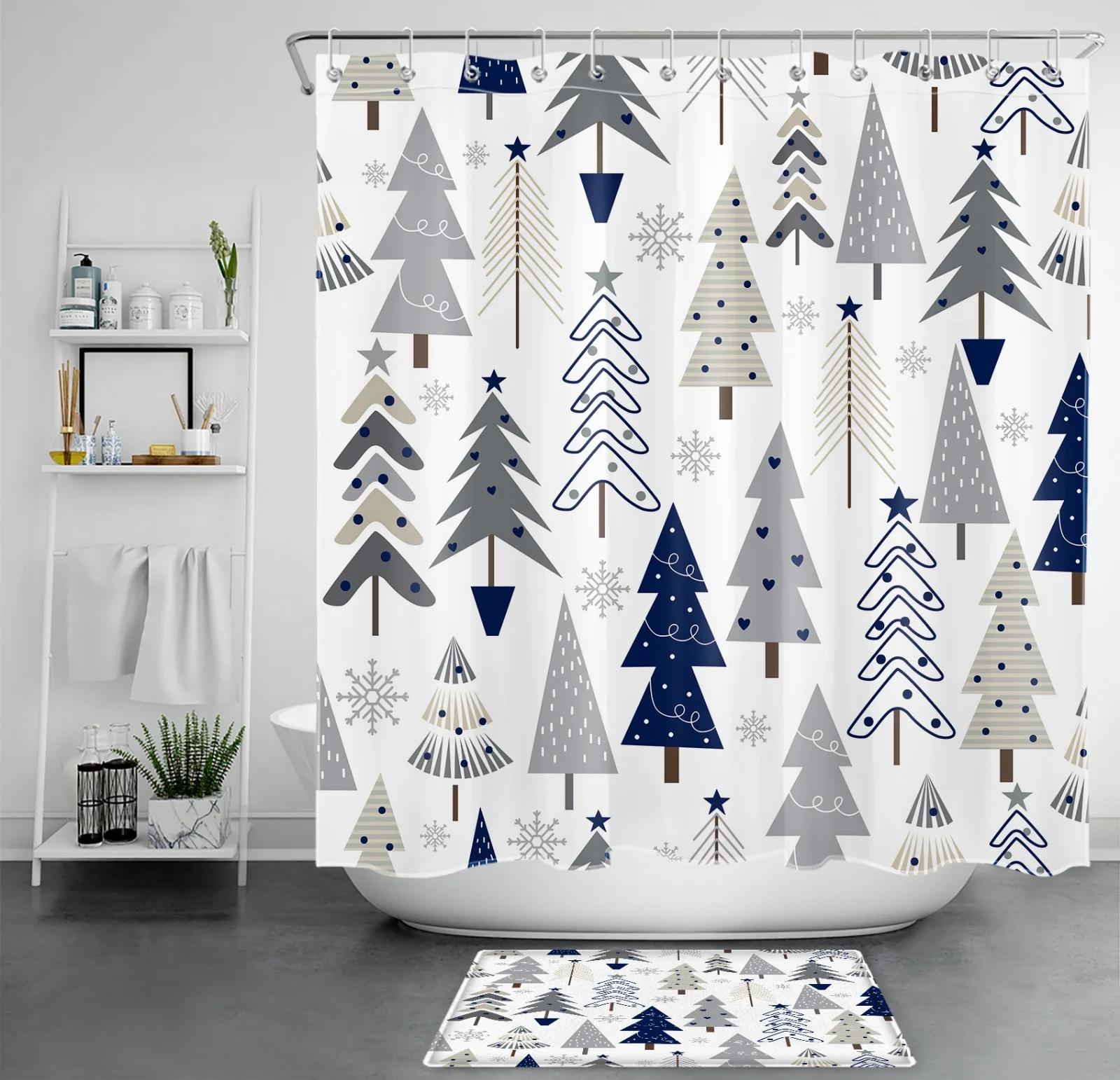 Winter Blue and Gold Snowflake Christmas Shower Curtain
