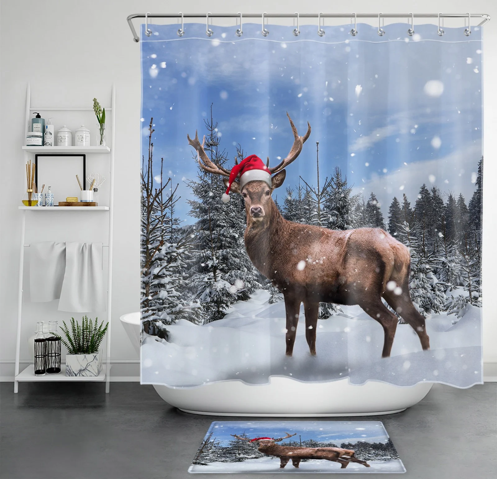 Snowflake Red Snowman Green Christmas Tree Shower Curtain