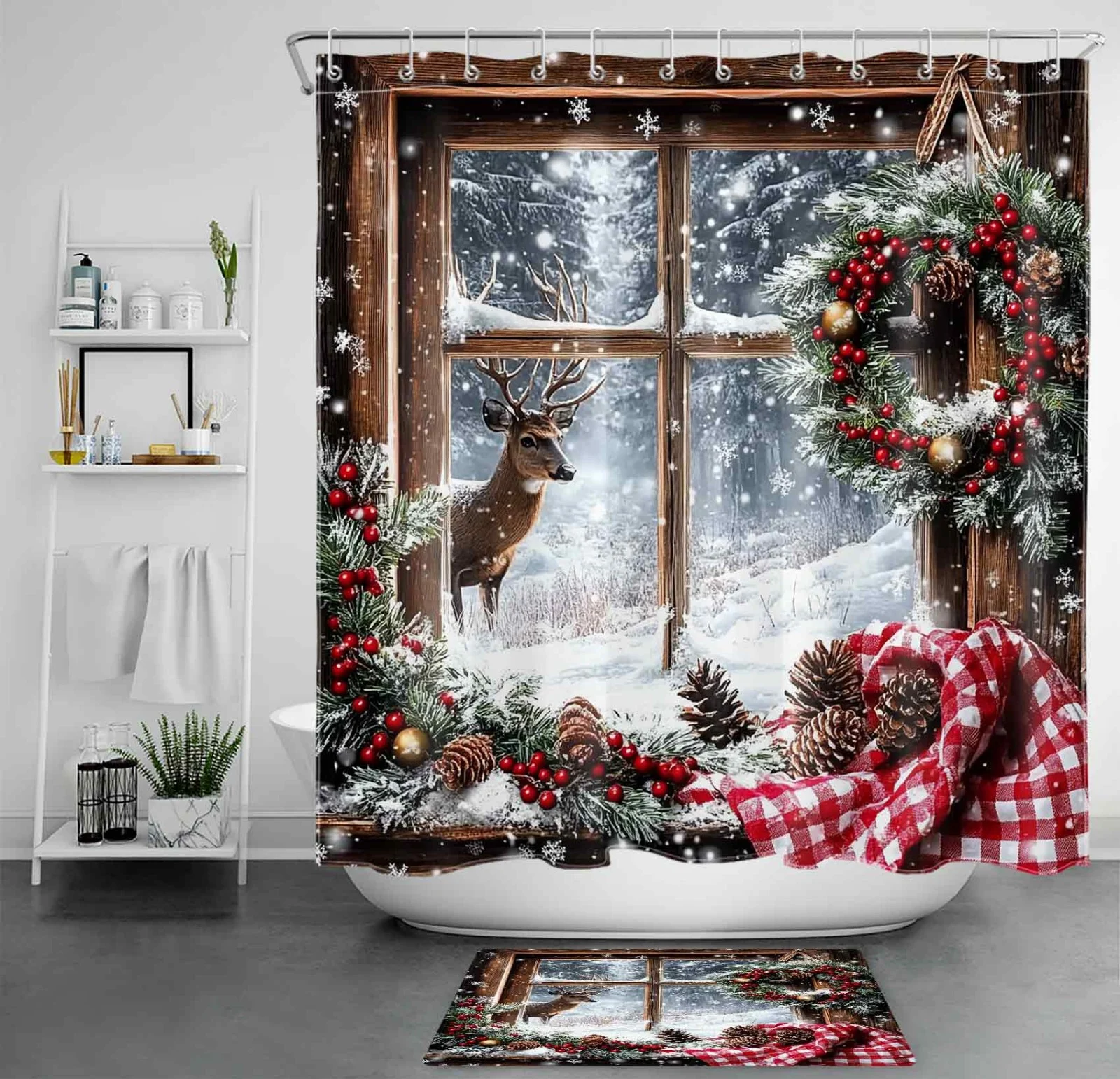 Retro Window Winter Forest Christmas Deer Shower Curtain