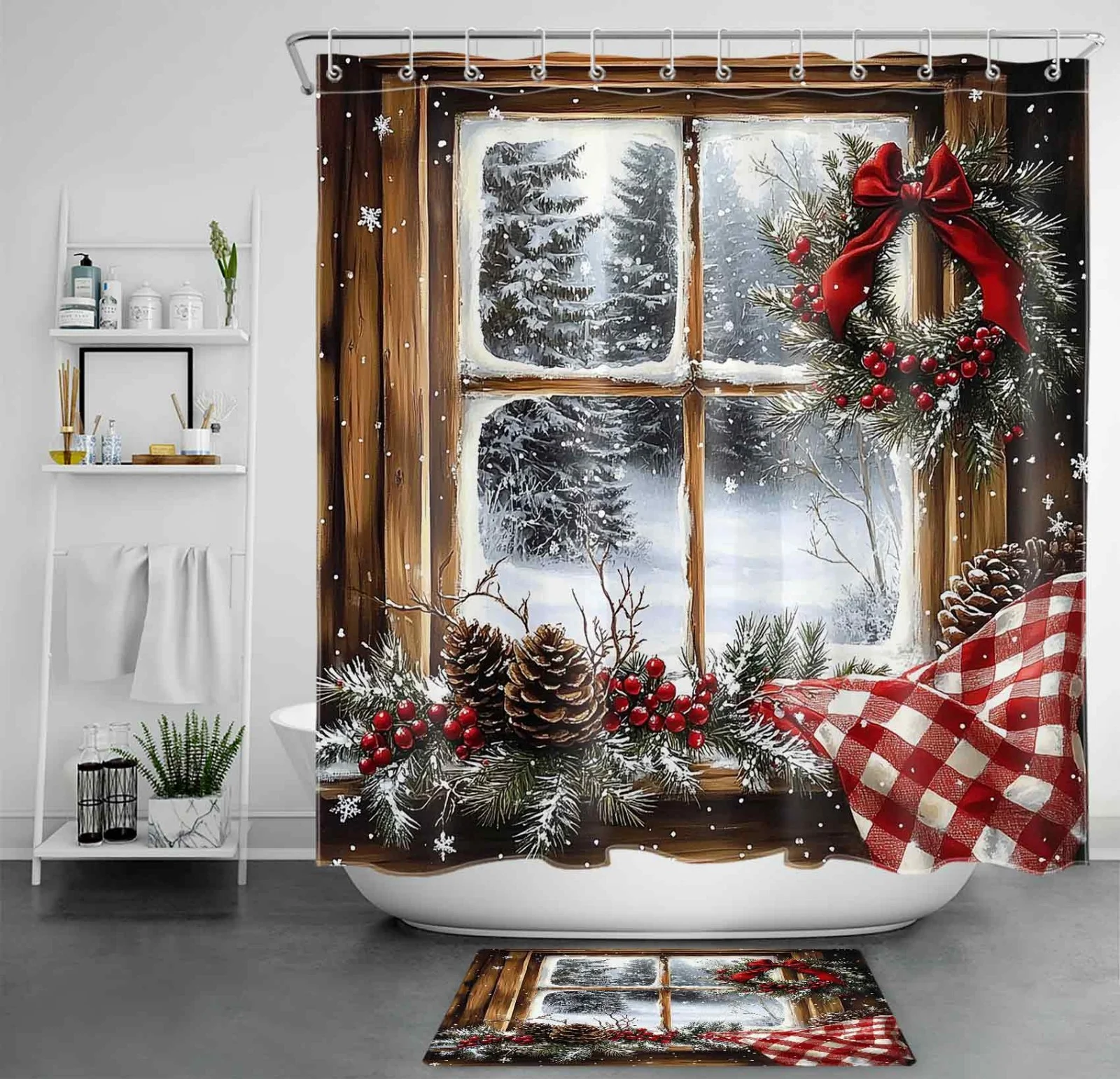 Retro Window Winter Forest Christmas Deer Shower Curtain