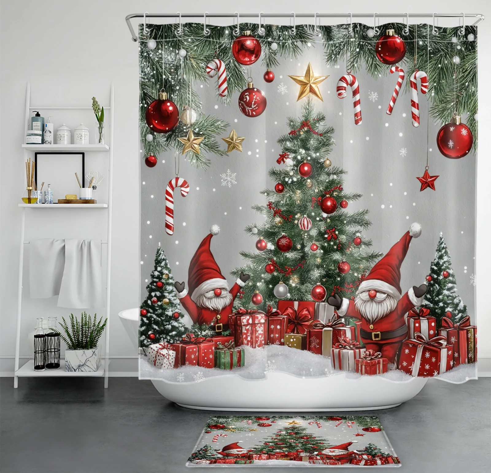 Winter Funny Gnome Green Christmas Tree Shower Curtain