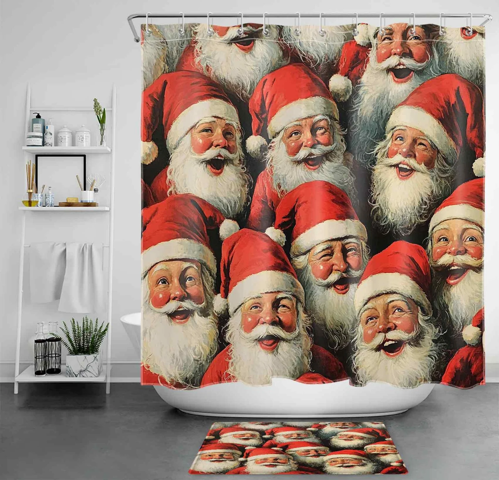Green Poinsettia Red Christmas Santa Claus Shower Curtain
