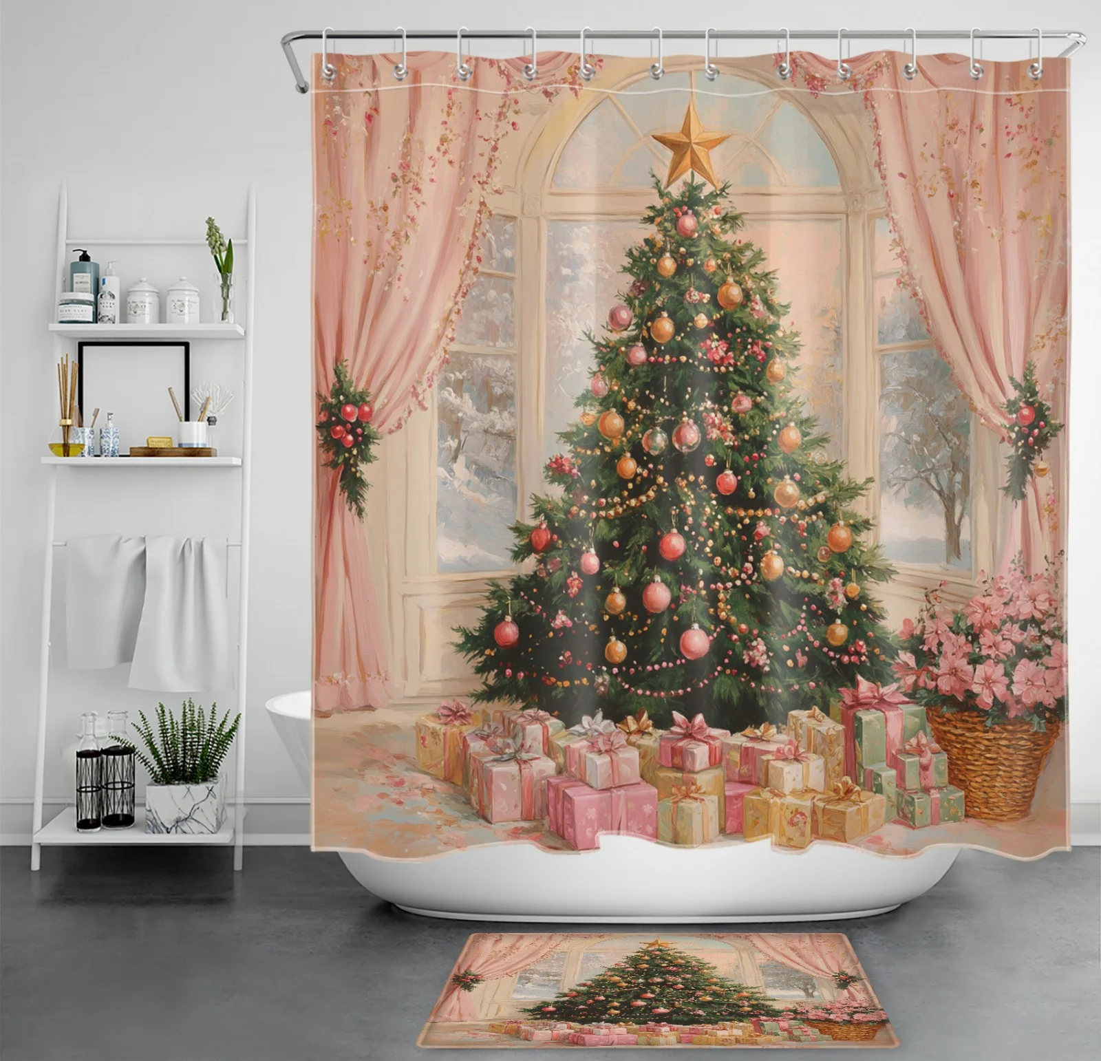 Pink Cute Funny Snowman Winter Christmas Shower Curtain