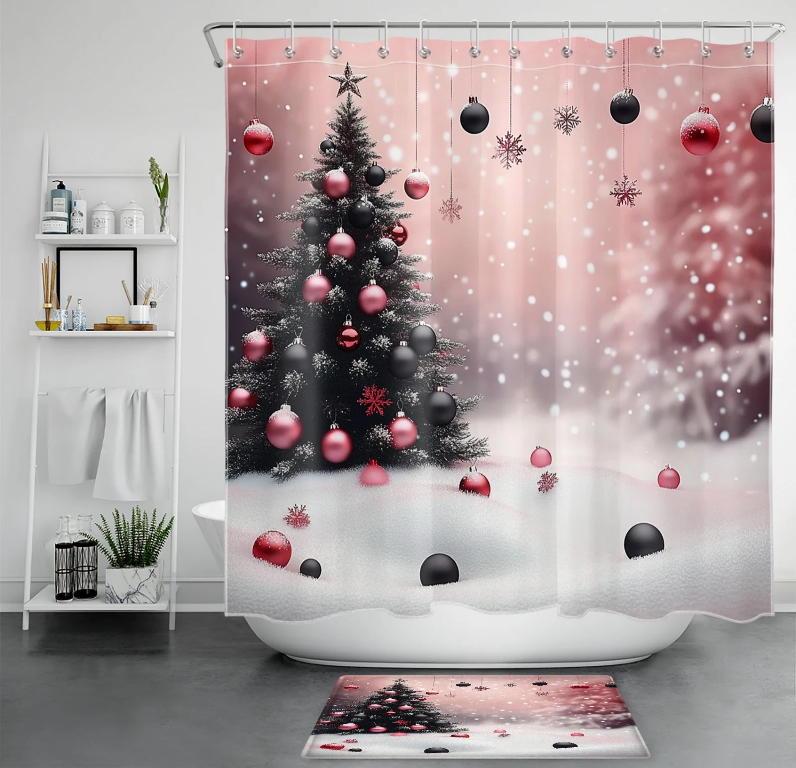 Winter Xmas Ball Red and Black Christmas Shower Curtain