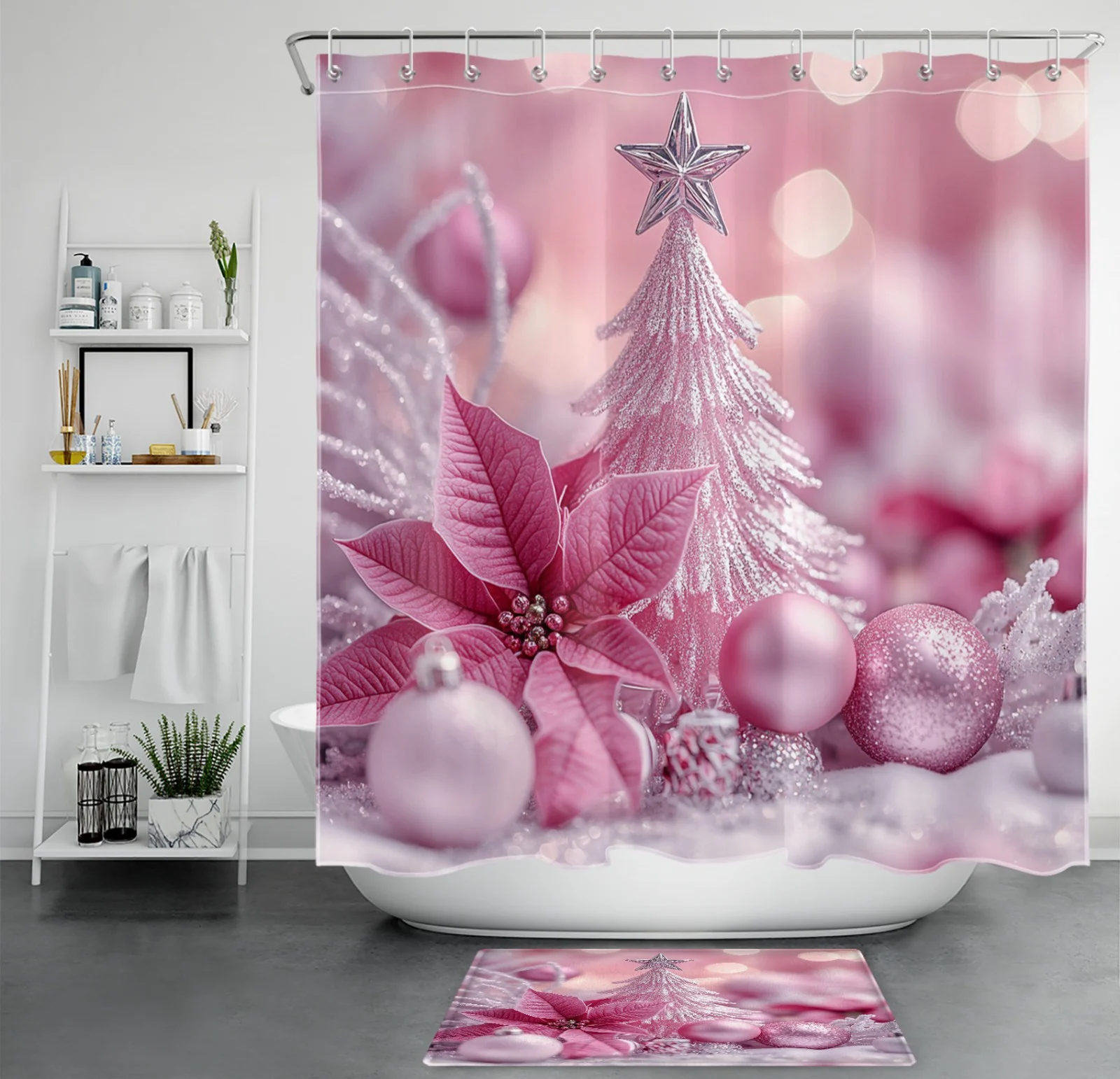 Winter Poinsettia Xmas Ball Pink Christmas Shower Curtain