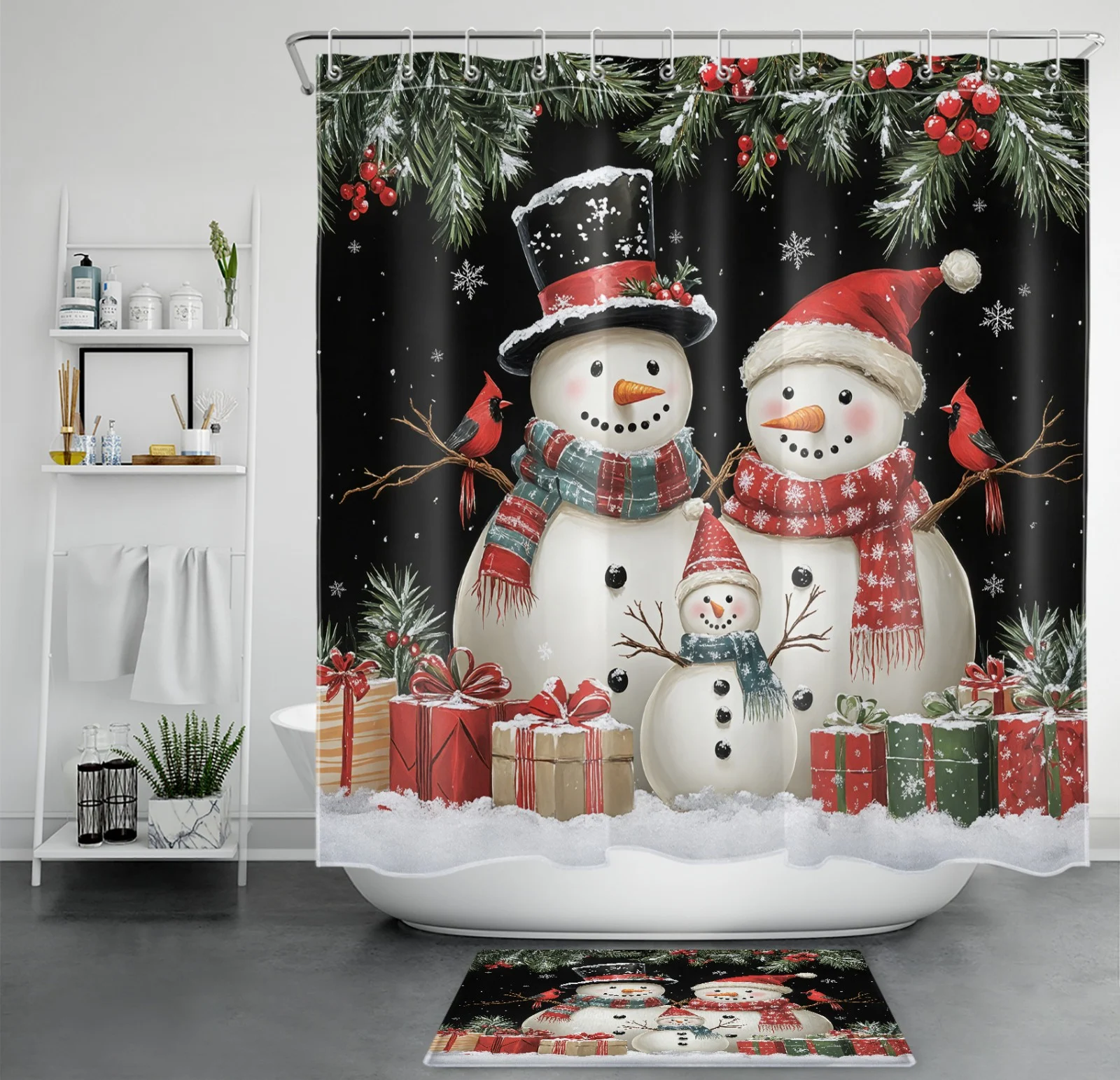 Winter Cardinal Red Christmas Snowman Shower Curtain