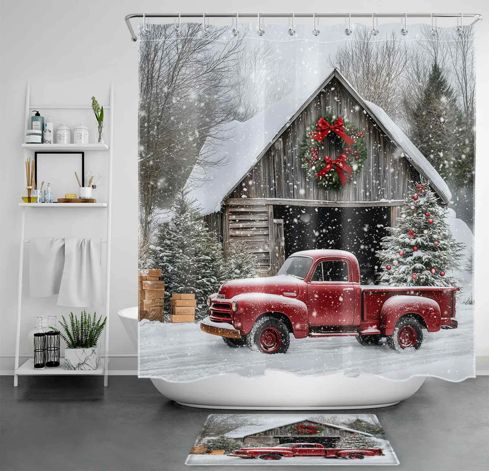 Green Poinsettia Red Christmas Santa Claus Shower Curtain