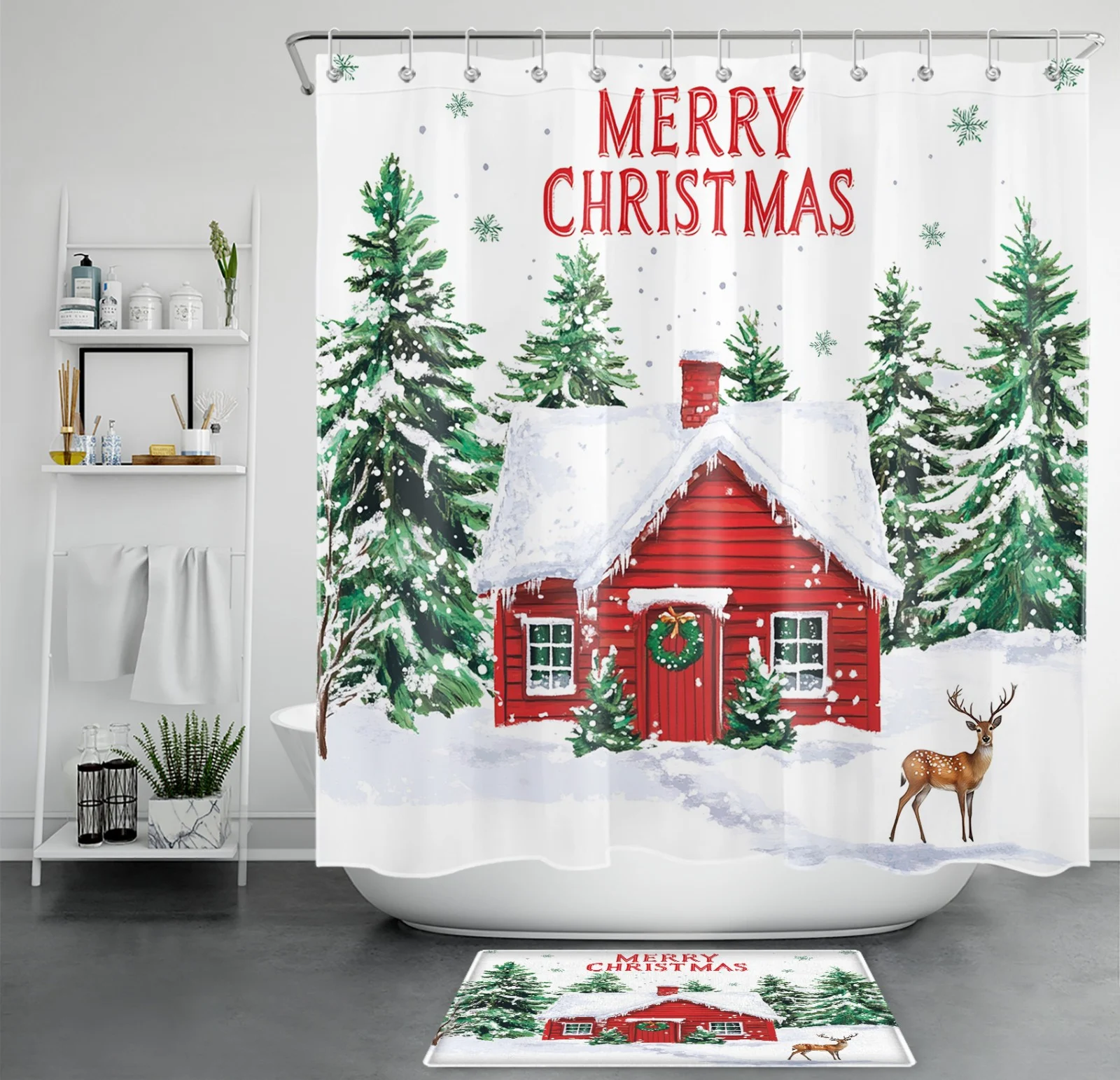 Christmas Green Leaf Red Berry Floral Shower Curtain