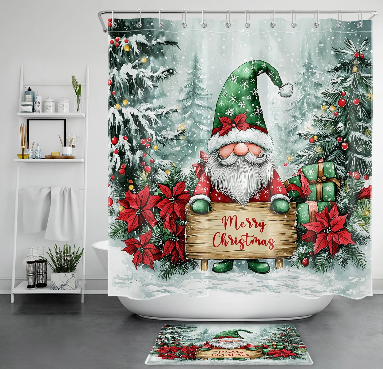 Snowflake Red Snowman Green Christmas Tree Shower Curtain