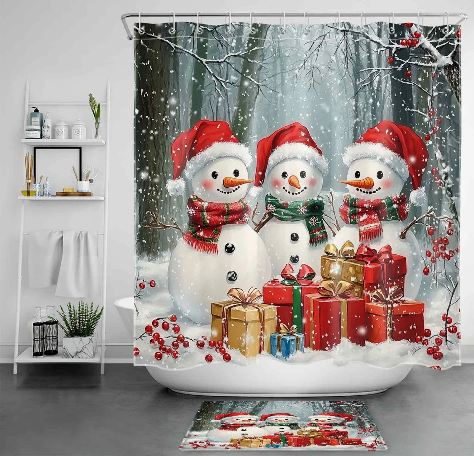 Winter Floral Funny Snowman Pink Christmas Shower Curtain