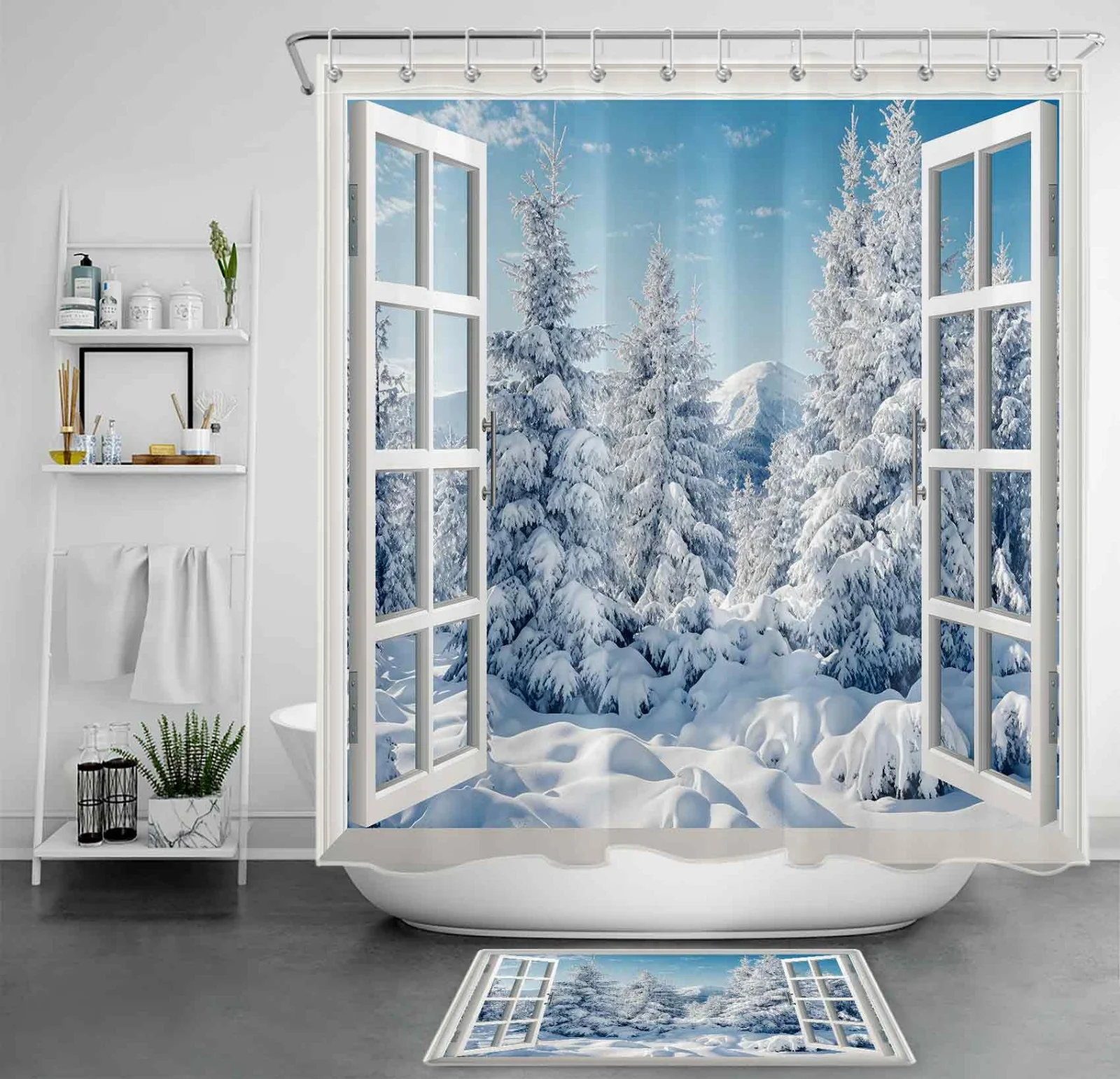 Outside Window Winter Wonderland Pine Tree Shower Curtain