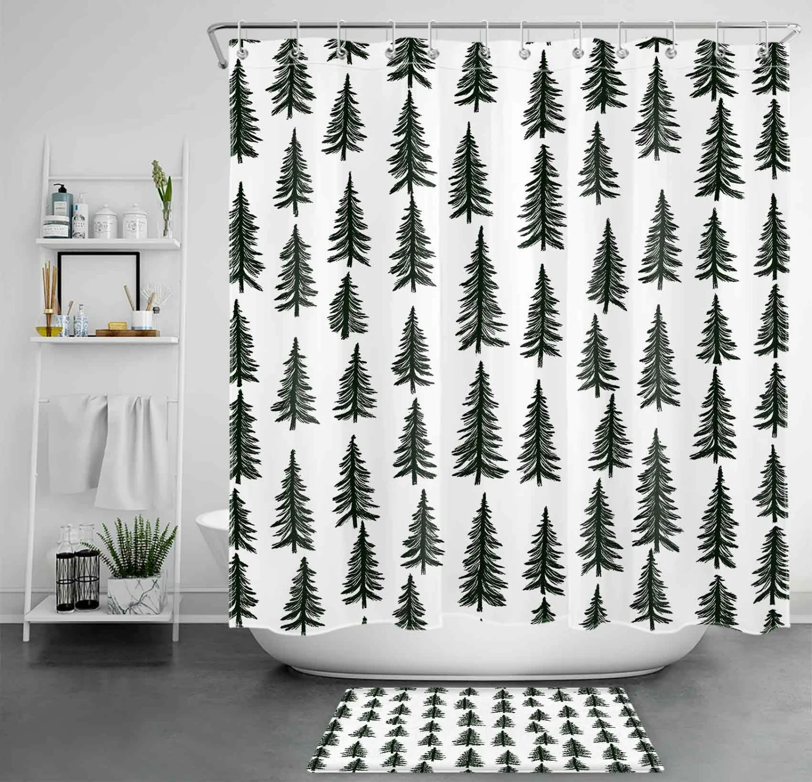Winter Black and White Christmas Tree Shower Curtain Winter Black and White Christmas Tree Shower Curtain