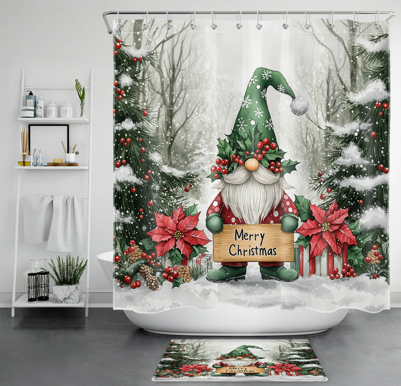 Cute Funny Red Santa Claus Green Christmas Shower Curtain