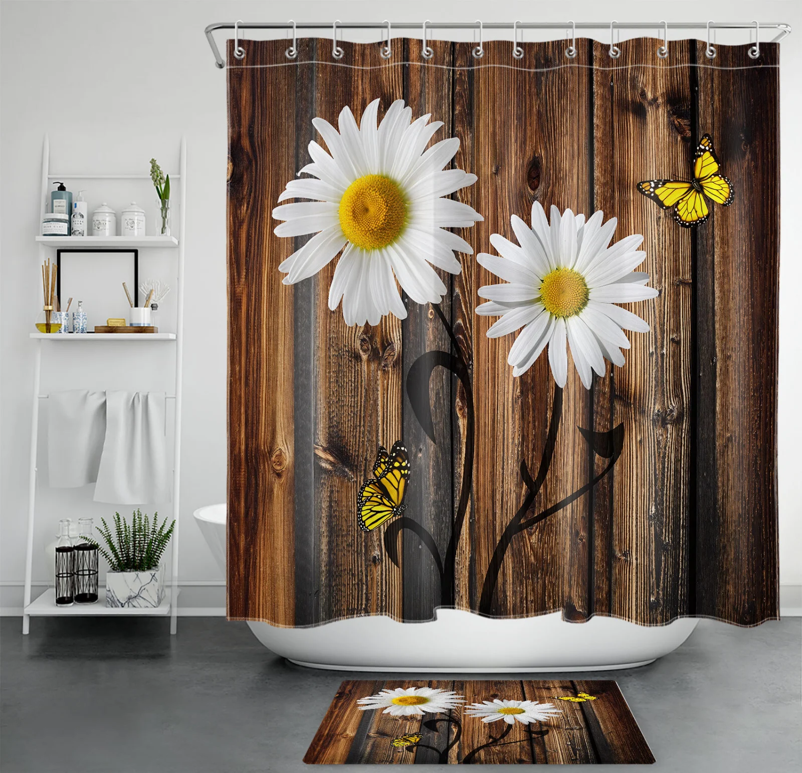 Vintage Geometric Blue and White Striped Shower Curtain