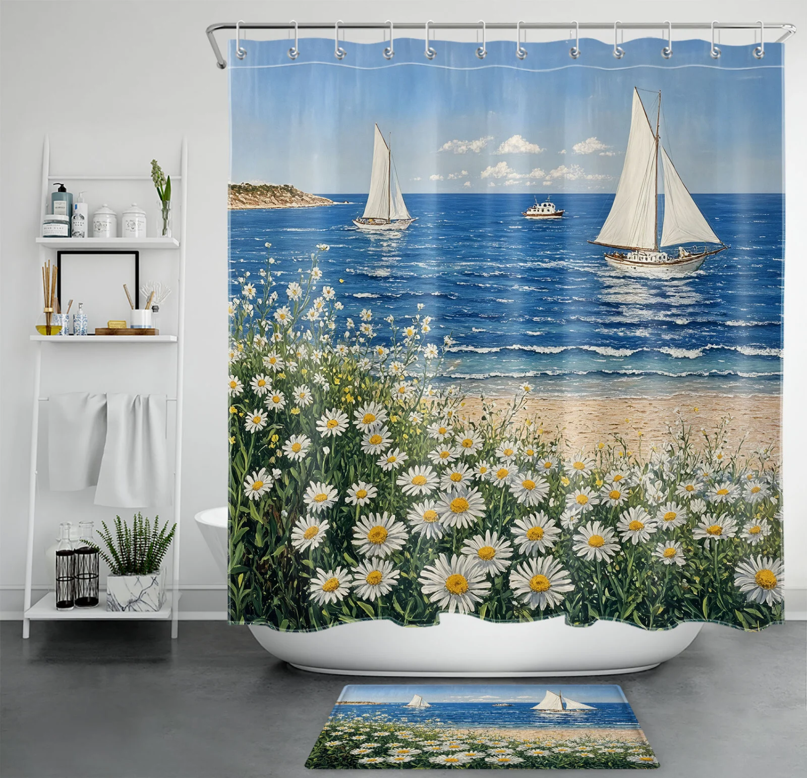 Spring Country Red Floral Black and White Shower Curtain Spring Country Red Floral Black and White Shower Curtain