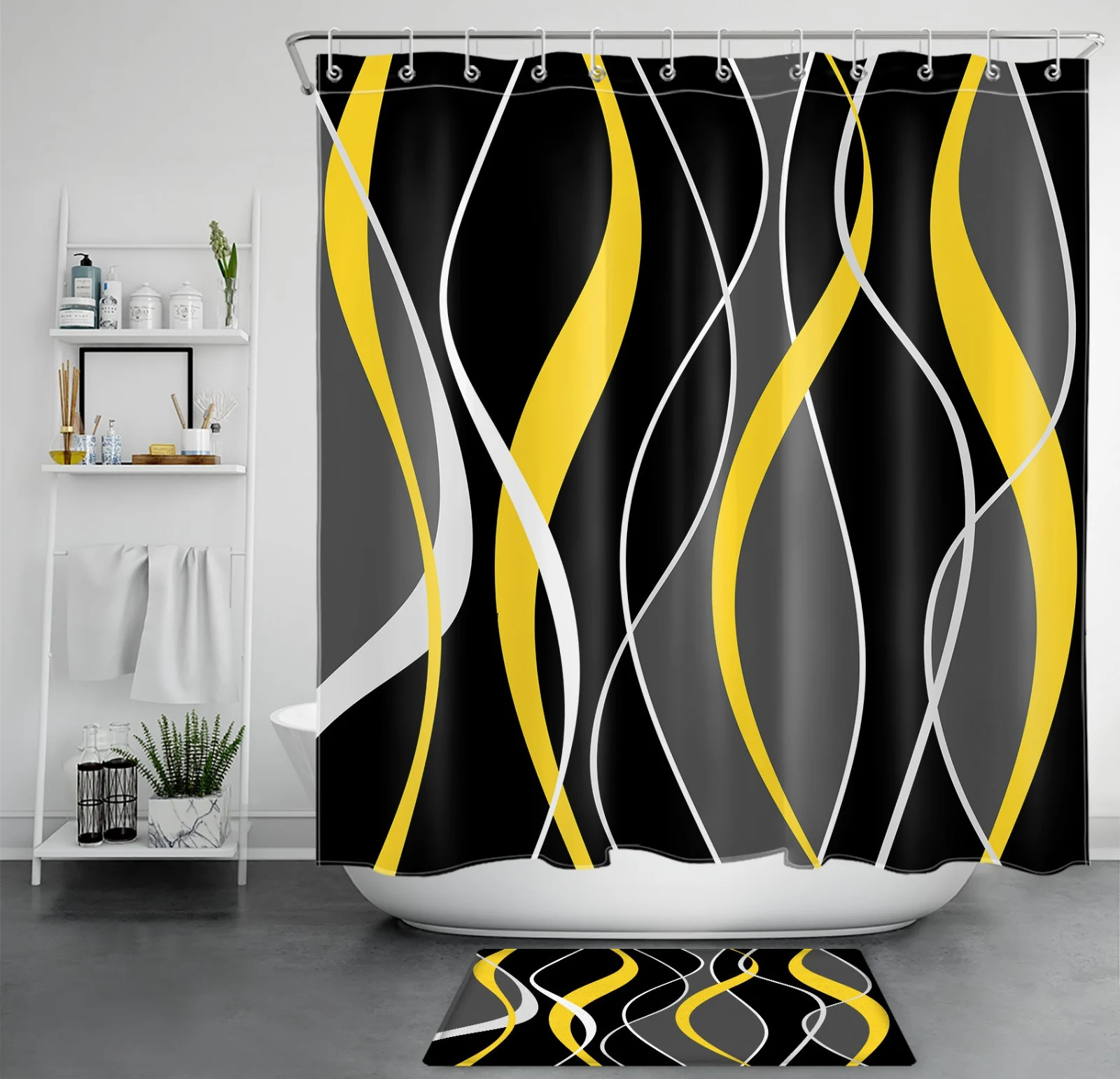 Black and Gray Striped Red Geometric Shower Curtain