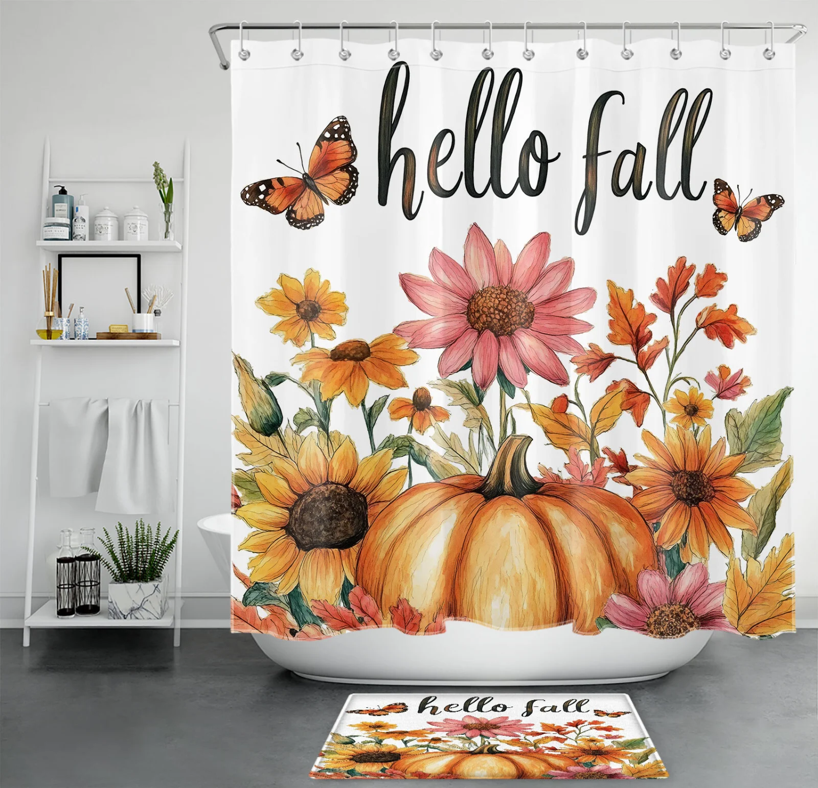 Autumn Forest Harvest Pumpkin Fall Cat Shower Curtain